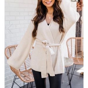 Pink Lily Distracted By You Oatmeal Wrap Tie Cardigan